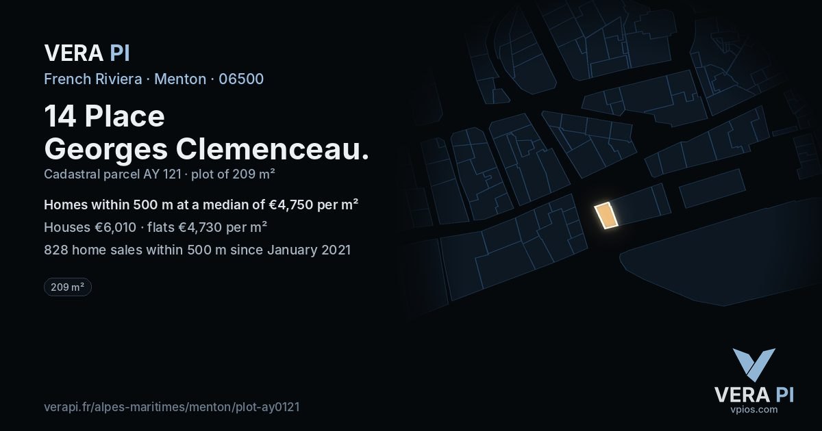 14 Place Georges Clemenceau, Menton at night – the plot lit, the parcels around coloured by the prices near them