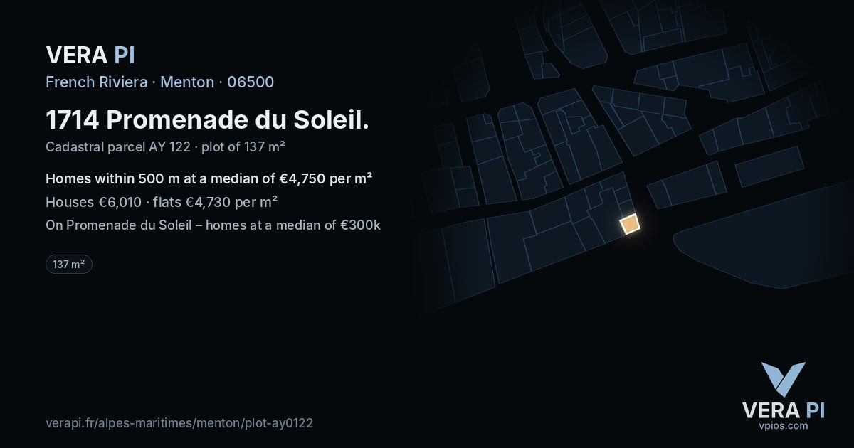 1714 Promenade du Soleil, Menton at night – the plot lit, the parcels around coloured by the prices near them