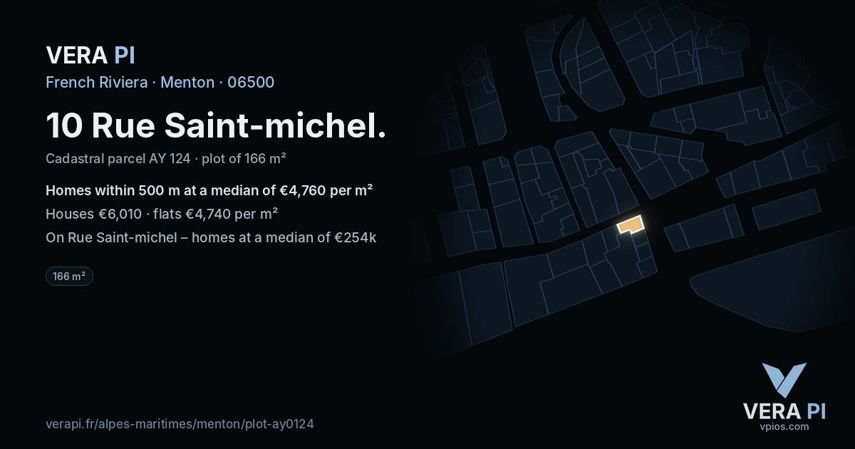 10 Rue Saint-michel, Menton at night – the plot lit, the parcels around coloured by the prices near them