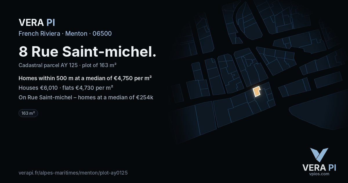 8 Rue Saint-michel, Menton at night – the plot lit, the parcels around coloured by the prices near them