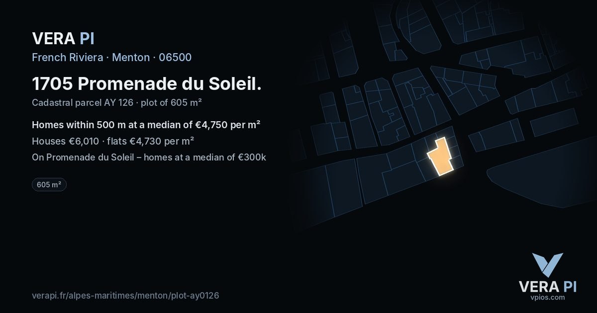 1705 Promenade du Soleil, Menton at night – the plot lit, the parcels around coloured by the prices near them