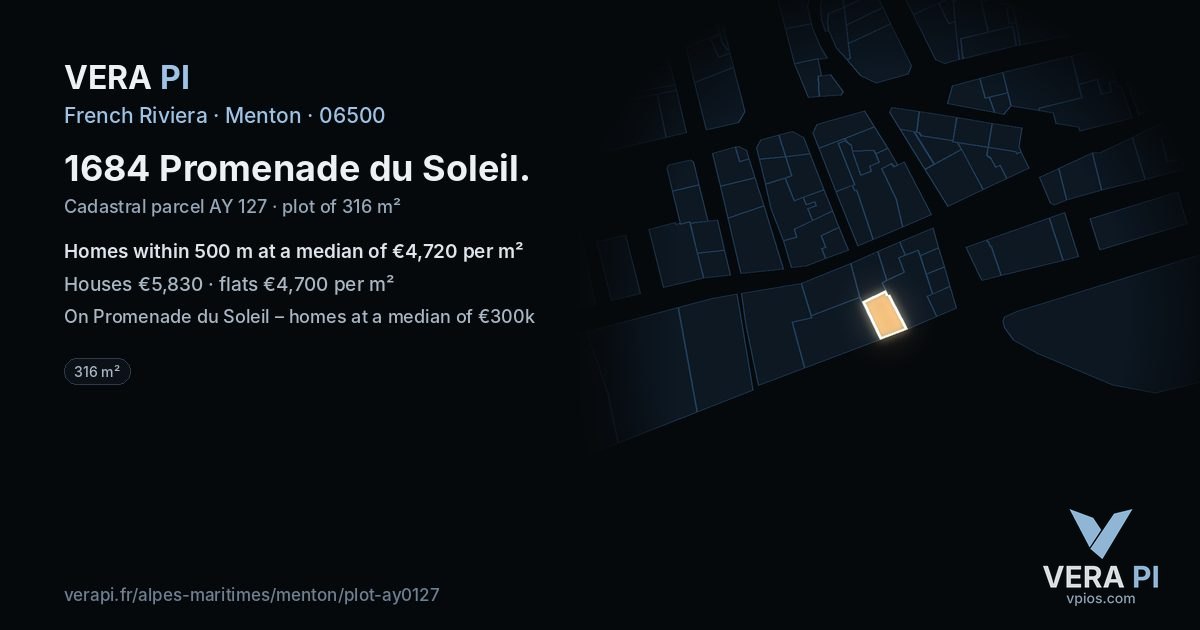 1684 Promenade du Soleil, Menton at night – the plot lit, the parcels around coloured by the prices near them