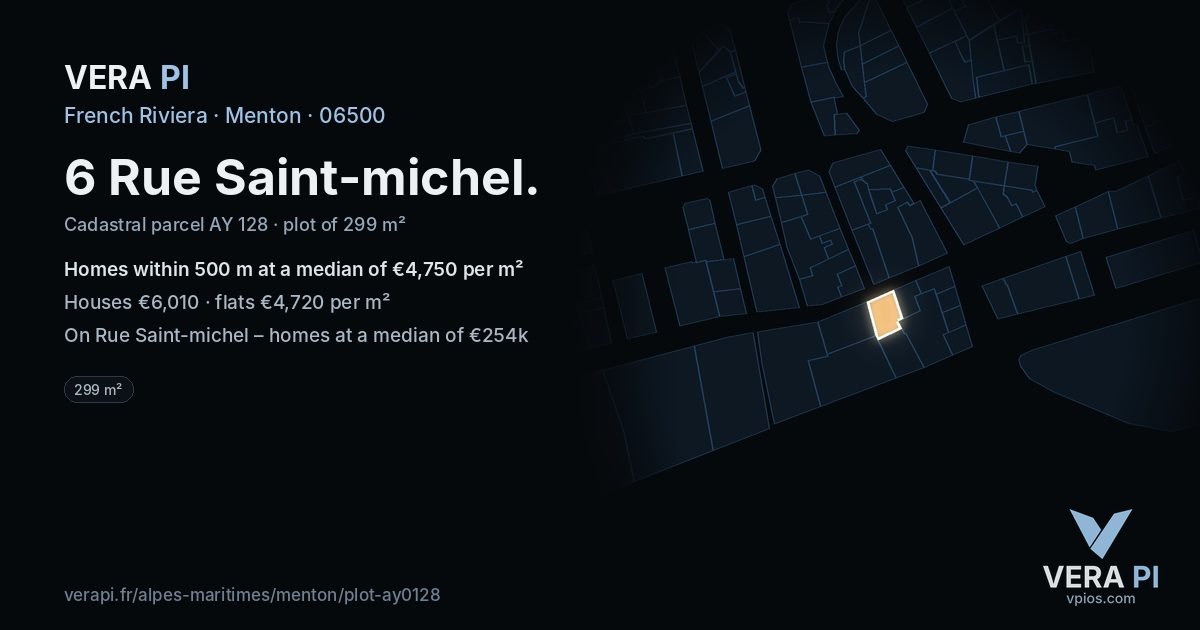 6 Rue Saint-michel, Menton at night – the plot lit, the parcels around coloured by the prices near them