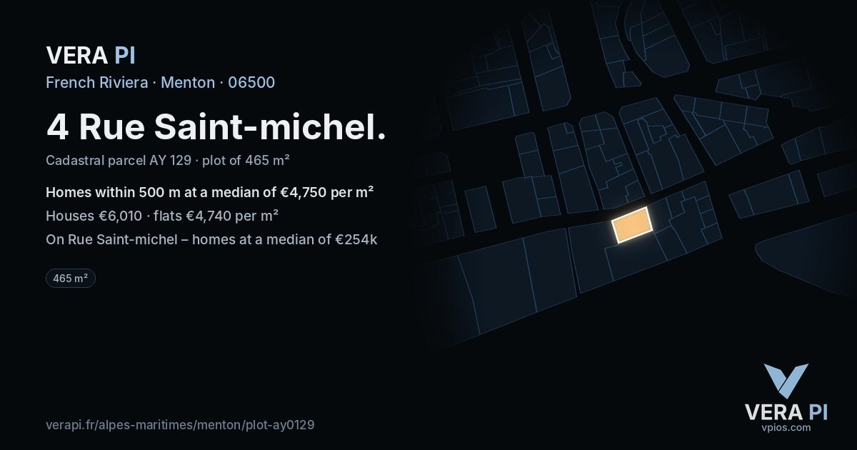 4 Rue Saint-michel, Menton at night – the plot lit, the parcels around coloured by the prices near them