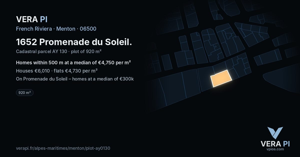 1652 Promenade du Soleil, Menton at night – the plot lit, the parcels around coloured by the prices near them
