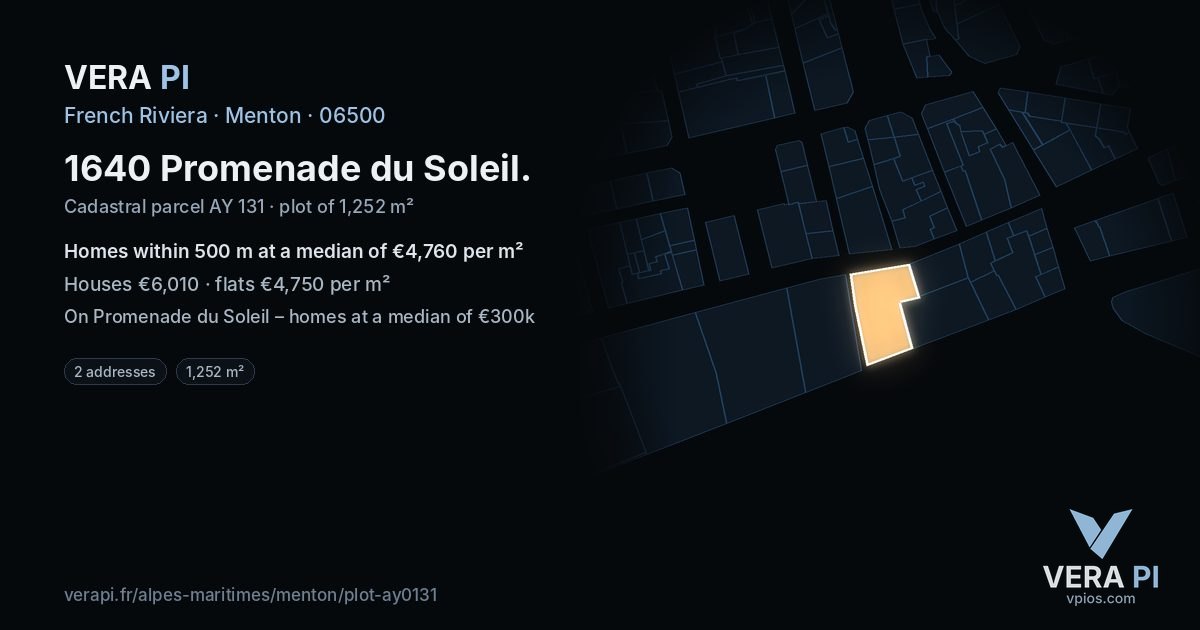 1640 Promenade du Soleil, Menton at night – the plot lit, the parcels around coloured by the prices near them