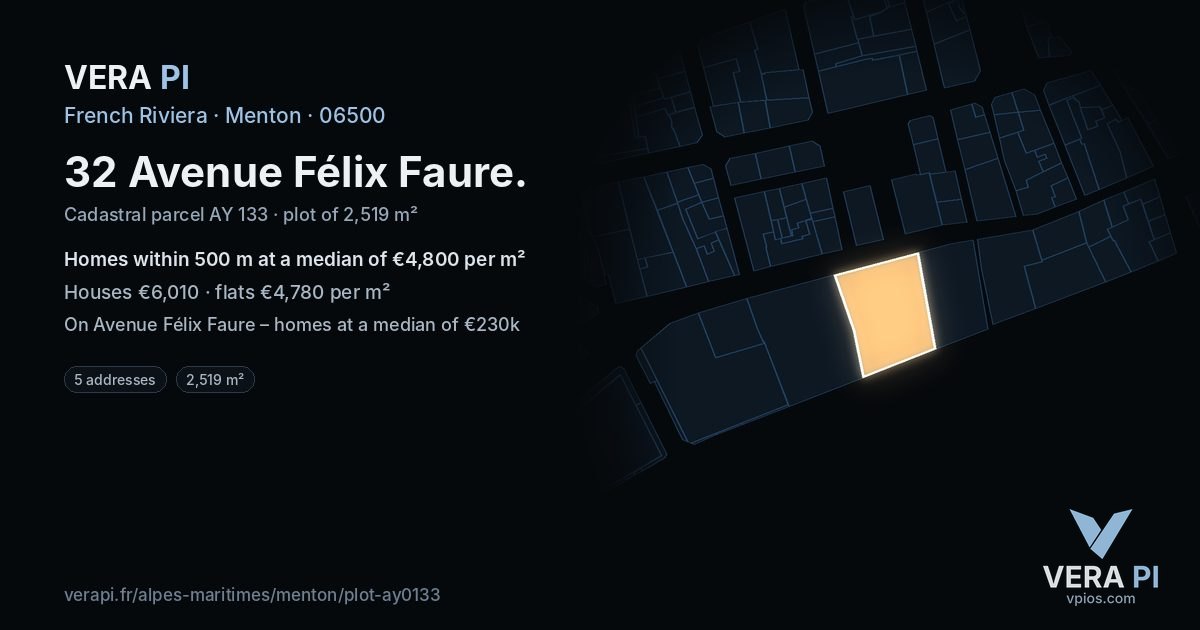 32 Avenue Félix Faure, Menton at night – the plot lit, the parcels around coloured by the prices near them