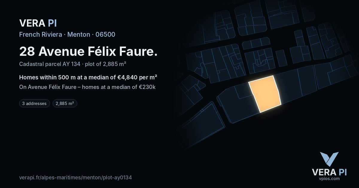 28 Avenue Félix Faure, Menton at night – the plot lit, the parcels around coloured by the prices near them