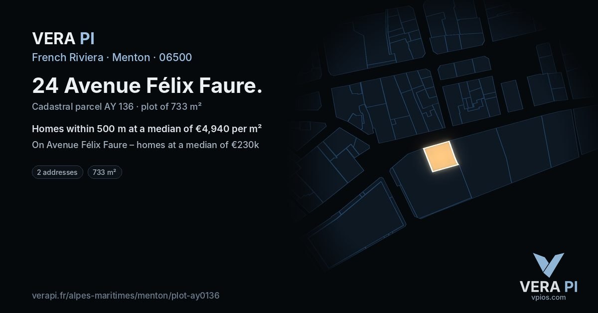 24 Avenue Félix Faure, Menton at night – the plot lit, the parcels around coloured by the prices near them
