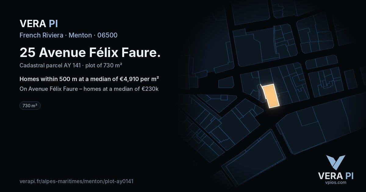 25 Avenue Félix Faure, Menton at night – the plot lit, the parcels around coloured by the prices near them