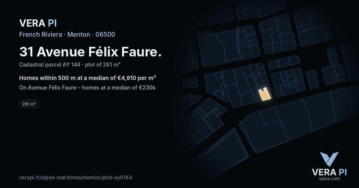 31 Avenue Félix Faure, Menton at night – the plot lit, the parcels around coloured by the prices near them