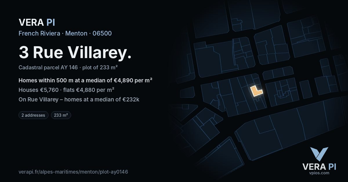 3 Rue Villarey, Menton at night – the plot lit, the parcels around coloured by the prices near them