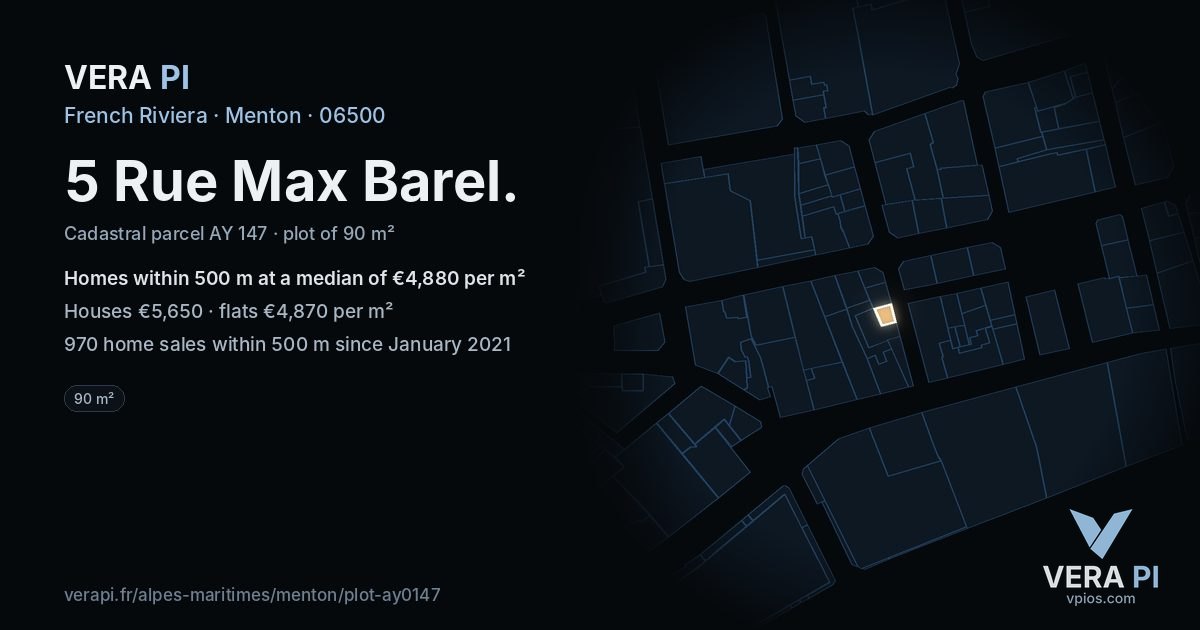 5 Rue Max Barel, Menton at night – the plot lit, the parcels around coloured by the prices near them