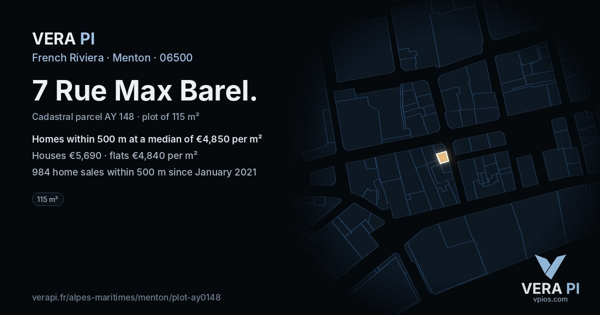 7 Rue Max Barel, Menton at night – the plot lit, the parcels around coloured by the prices near them