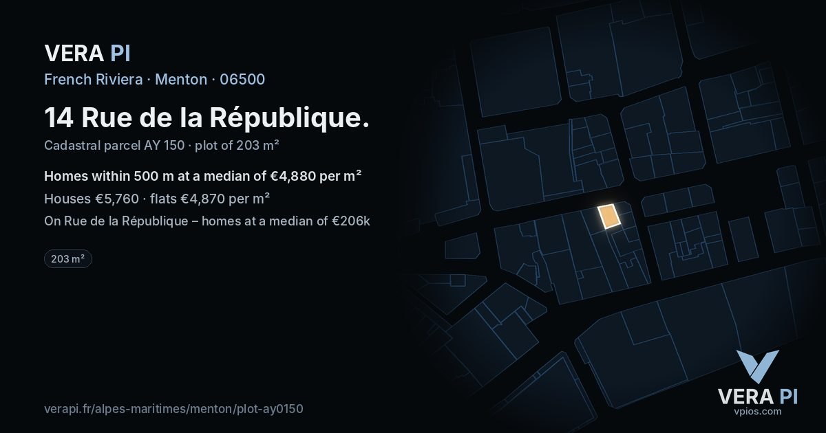 14 Rue de la République, Menton at night – the plot lit, the parcels around coloured by the prices near them