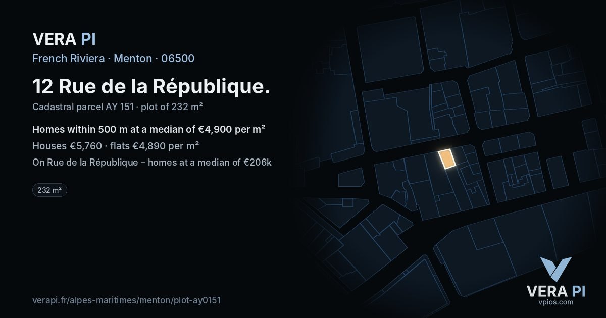 12 Rue de la République, Menton at night – the plot lit, the parcels around coloured by the prices near them