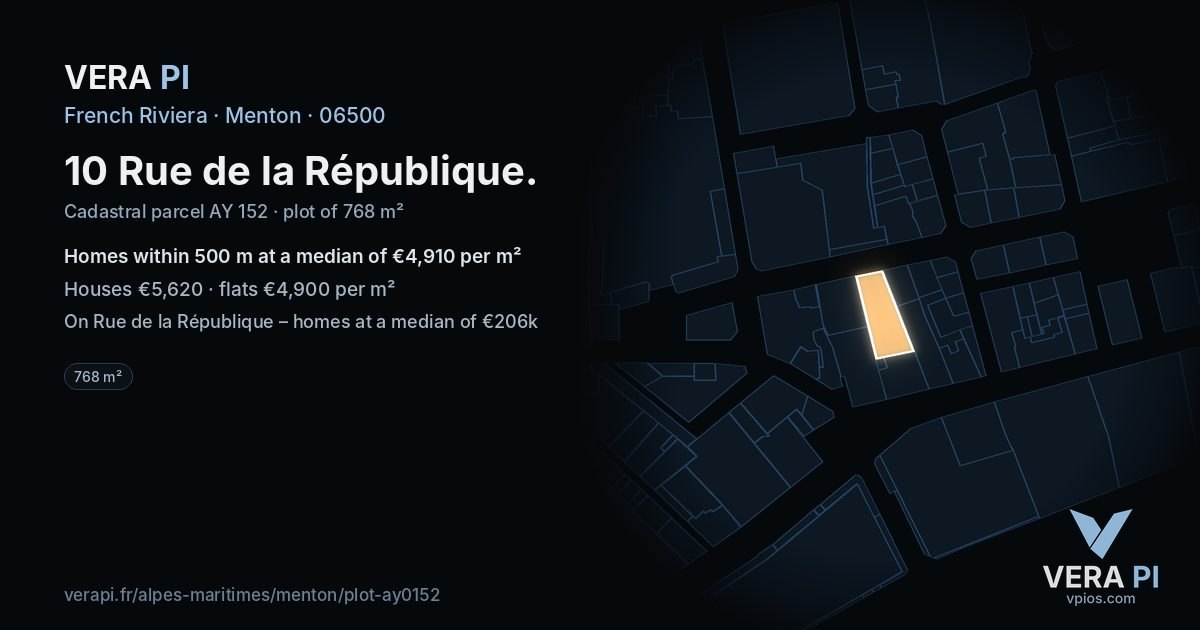 10 Rue de la République, Menton at night – the plot lit, the parcels around coloured by the prices near them