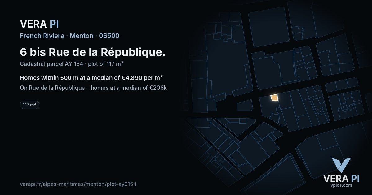 6 bis Rue de la République, Menton at night – the plot lit, the parcels around coloured by the prices near them