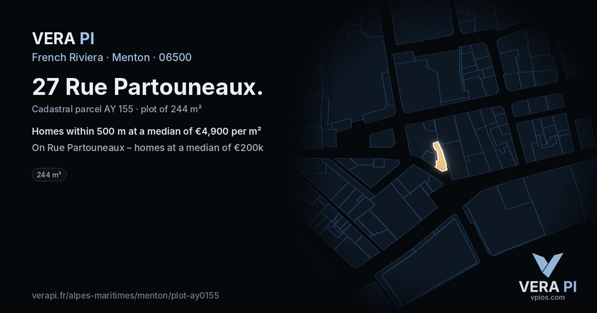 27 Rue Partouneaux, Menton at night – the plot lit, the parcels around coloured by the prices near them