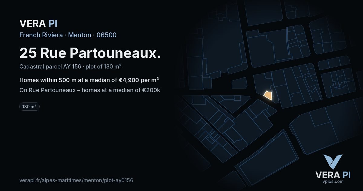 25 Rue Partouneaux, Menton at night – the plot lit, the parcels around coloured by the prices near them