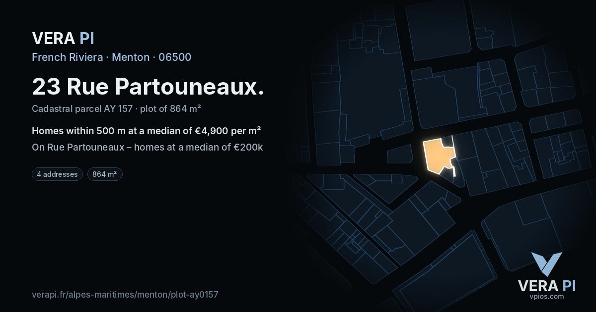 23 Rue Partouneaux, Menton at night – the plot lit, the parcels around coloured by the prices near them
