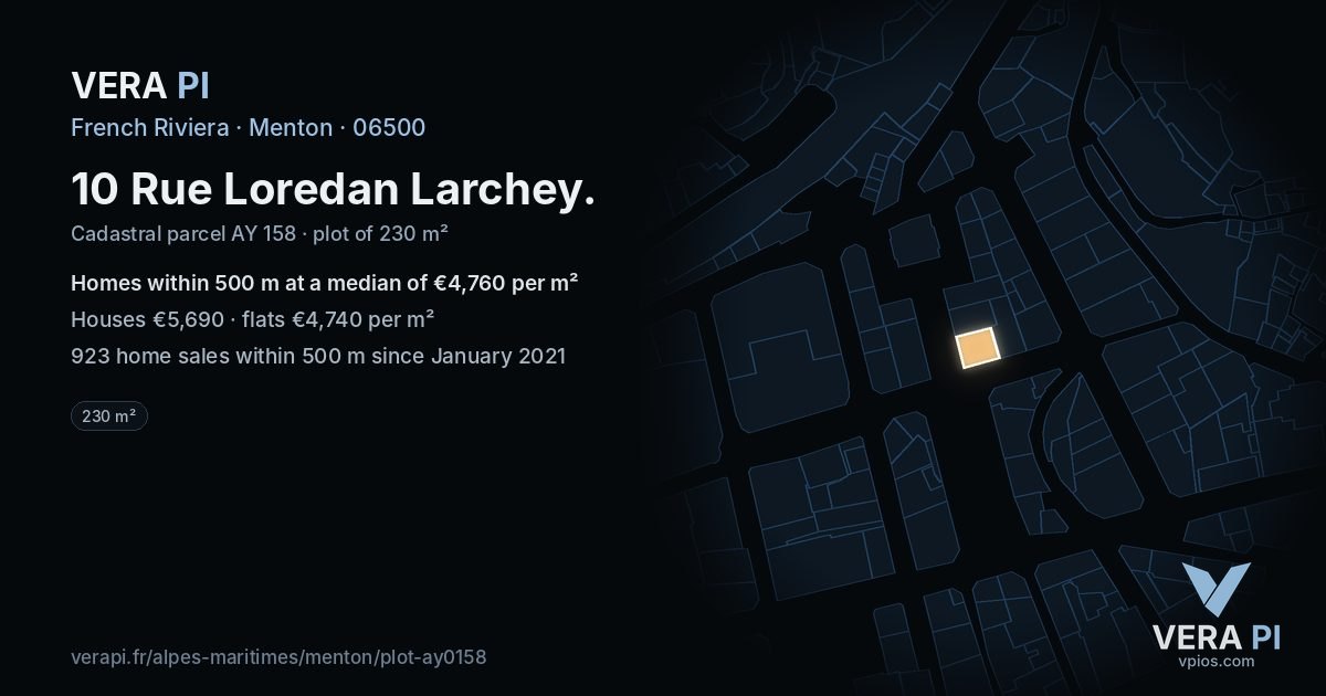 10 Rue Loredan Larchey, Menton at night – the plot lit, the parcels around coloured by the prices near them