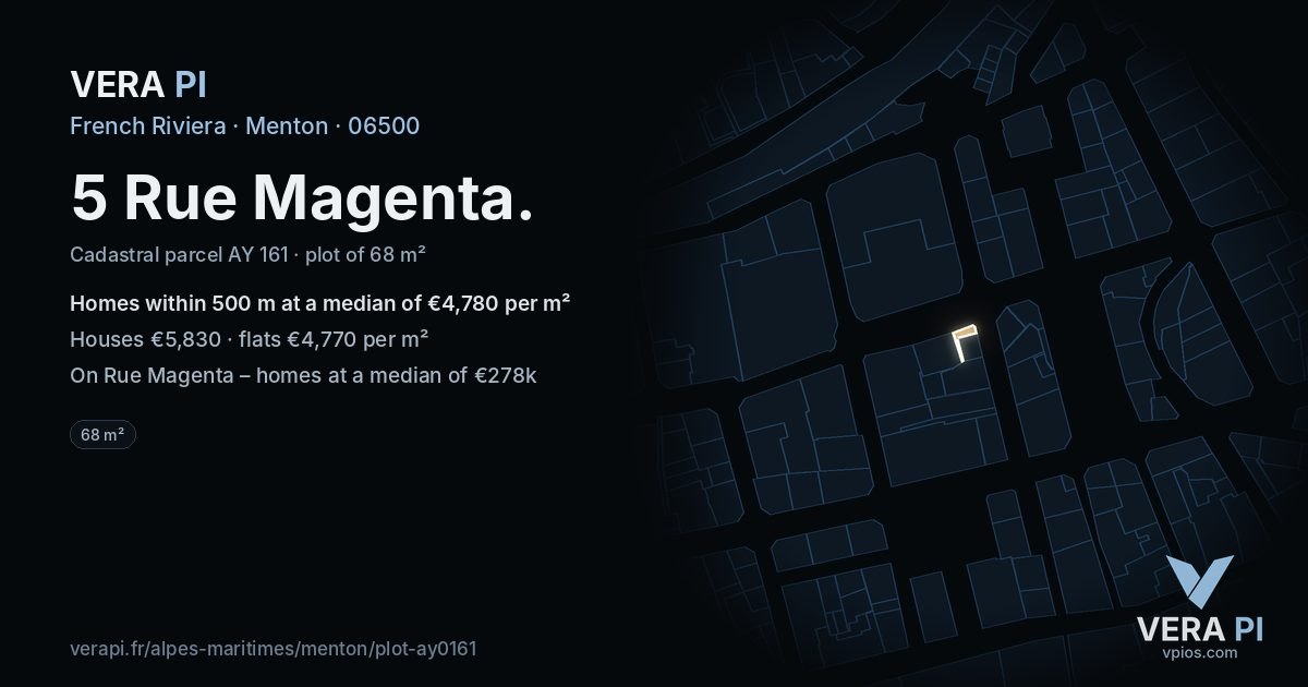 5 Rue Magenta, Menton at night – the plot lit, the parcels around coloured by the prices near them