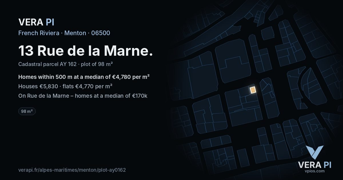 13 Rue de la Marne, Menton at night – the plot lit, the parcels around coloured by the prices near them