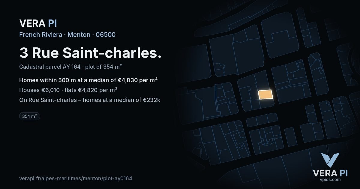 3 Rue Saint-charles, Menton at night – the plot lit, the parcels around coloured by the prices near them