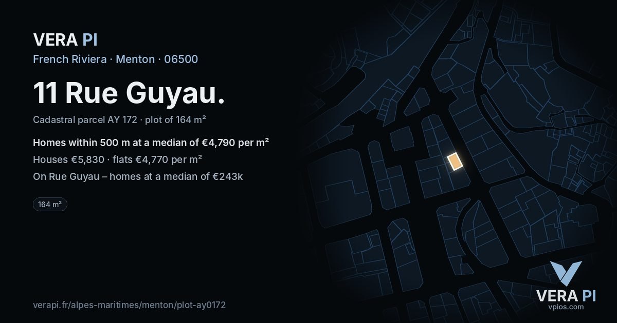 11 Rue Guyau, Menton at night – the plot lit, the parcels around coloured by the prices near them