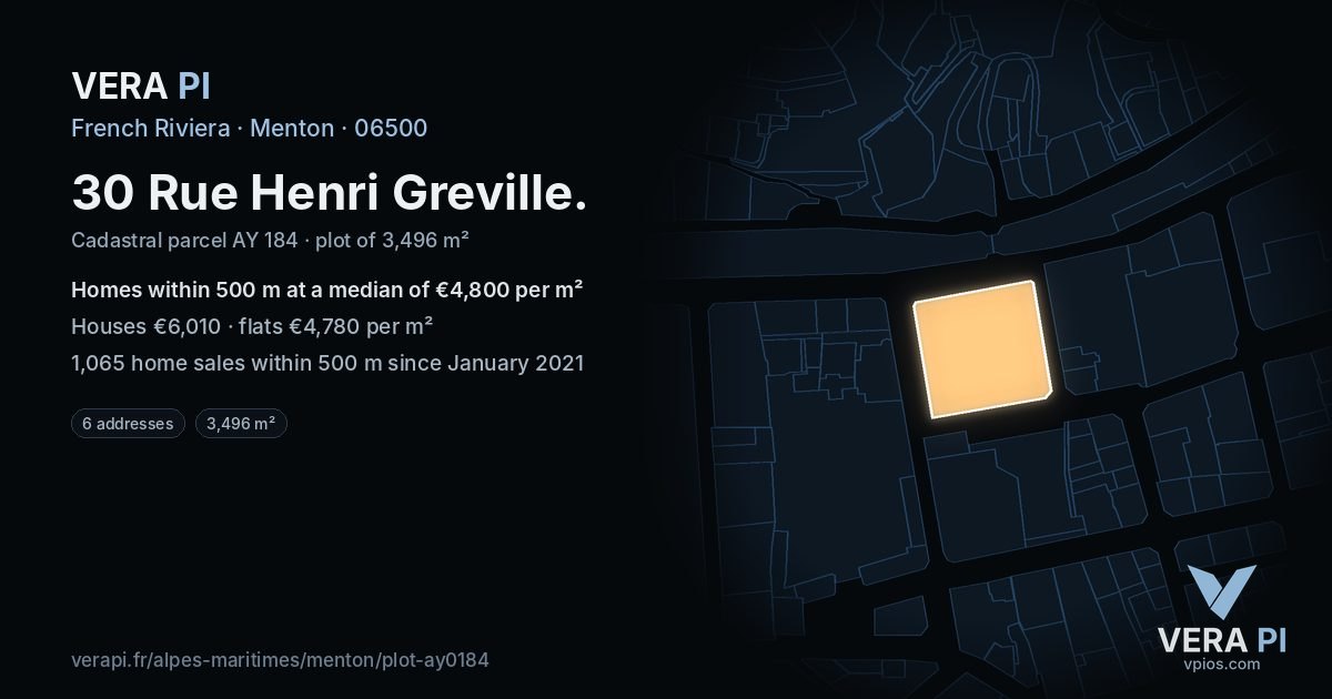 30 Rue Henri Greville, Menton at night – the plot lit, the parcels around coloured by the prices near them