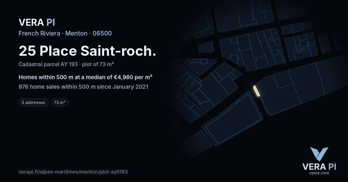 25 Place Saint-roch, Menton at night – the plot lit, the parcels around coloured by the prices near them
