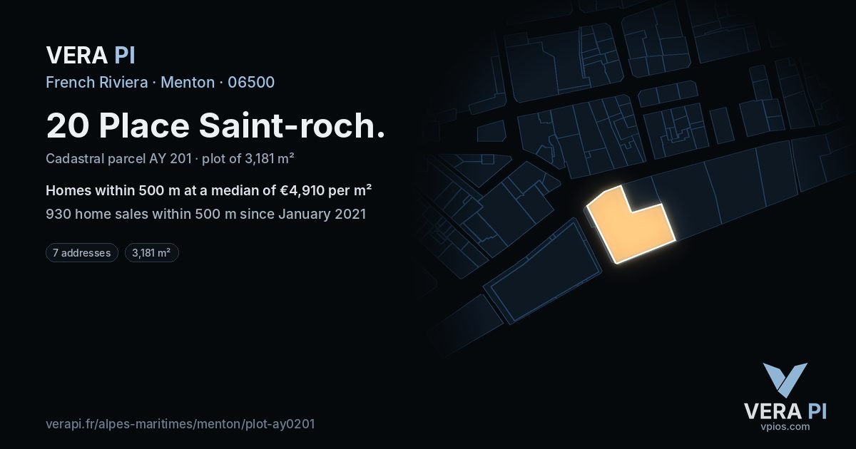 20 Place Saint-roch, Menton at night – the plot lit, the parcels around coloured by the prices near them