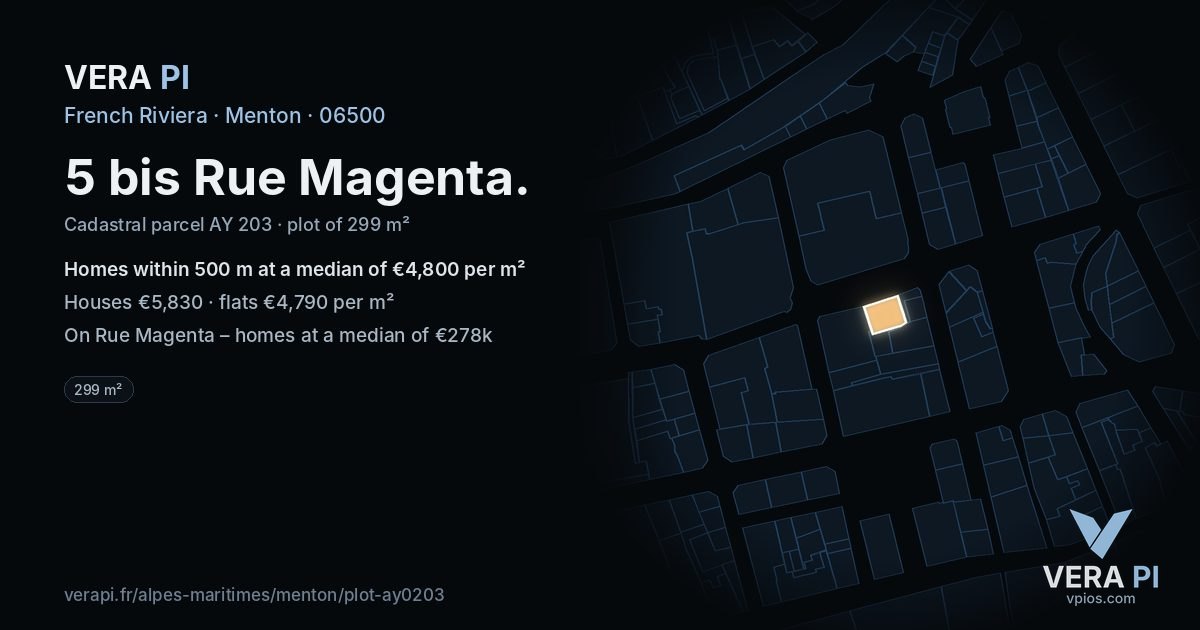 5 bis Rue Magenta, Menton at night – the plot lit, the parcels around coloured by the prices near them