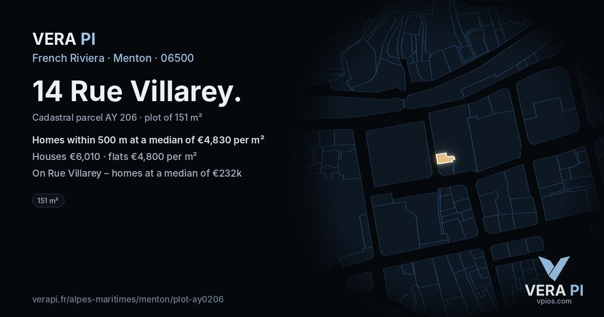 14 Rue Villarey, Menton at night – the plot lit, the parcels around coloured by the prices near them