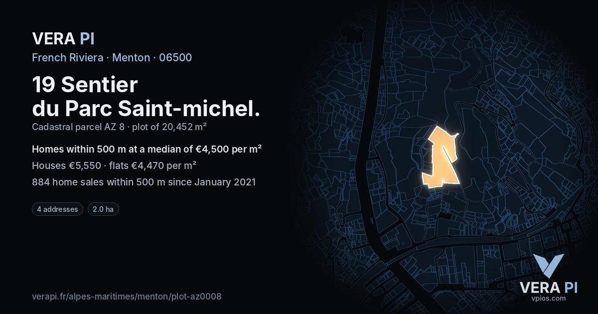 19 Sentier du Parc Saint-michel, Menton at night – the plot lit, the parcels around coloured by the prices near them