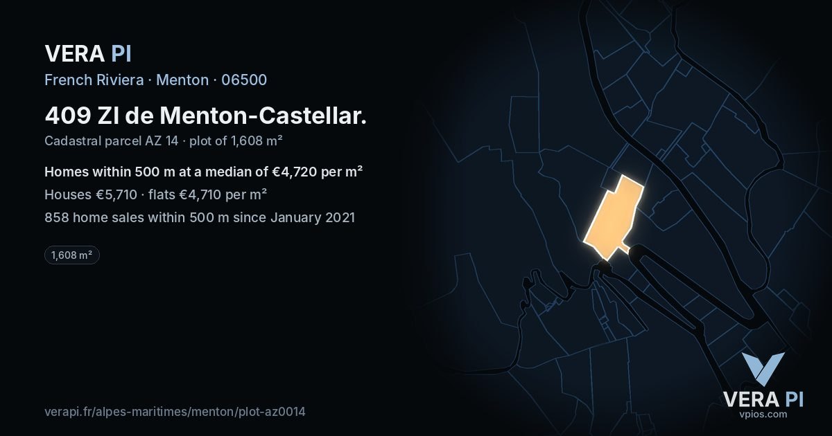 409 ZI de Menton-Castellar, Menton at night – the plot lit, the parcels around coloured by the prices near them