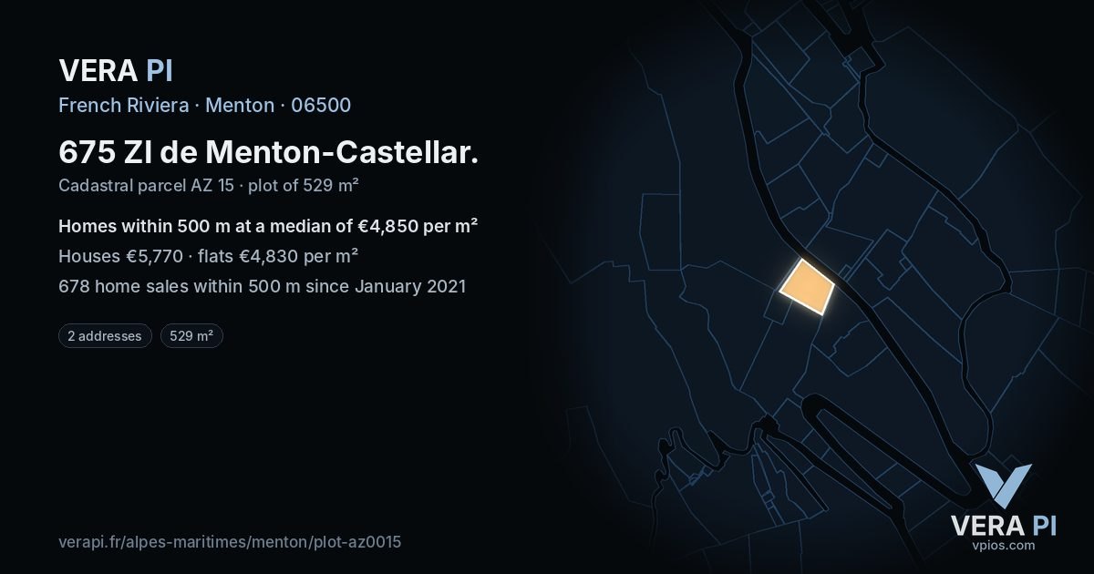 675 ZI de Menton-Castellar, Menton at night – the plot lit, the parcels around coloured by the prices near them