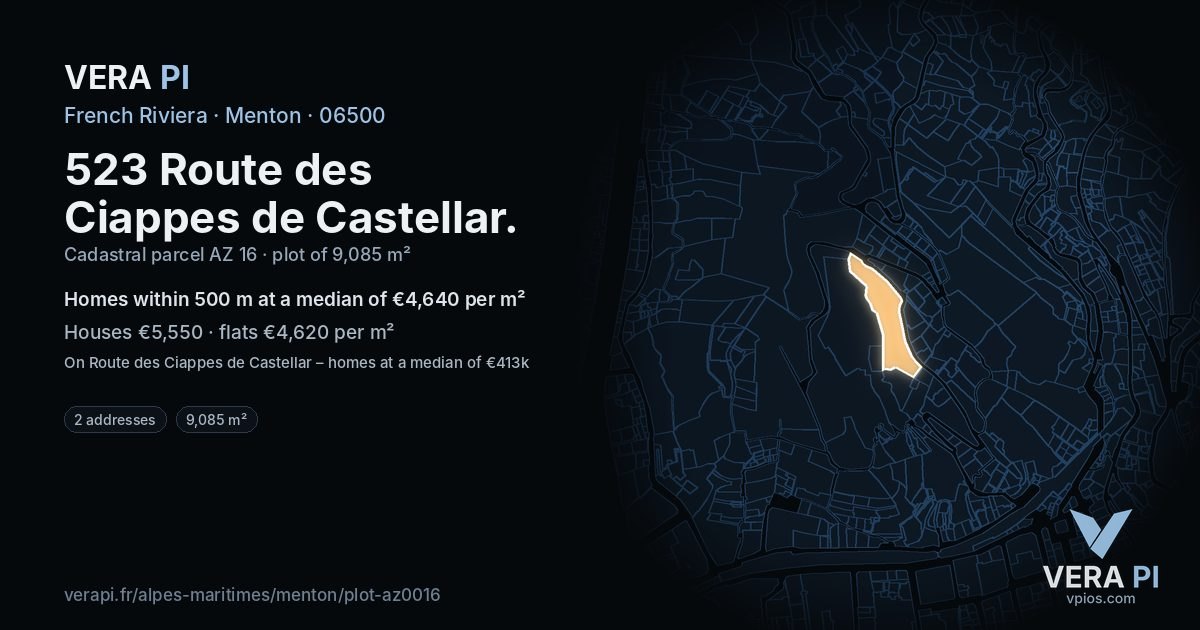 523 Route des Ciappes de Castellar, Menton at night – the plot lit, the parcels around coloured by the prices near them