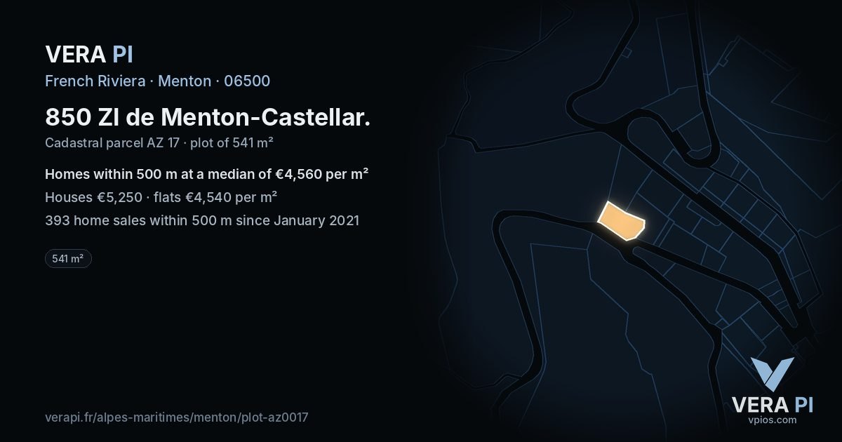 850 ZI de Menton-Castellar, Menton at night – the plot lit, the parcels around coloured by the prices near them