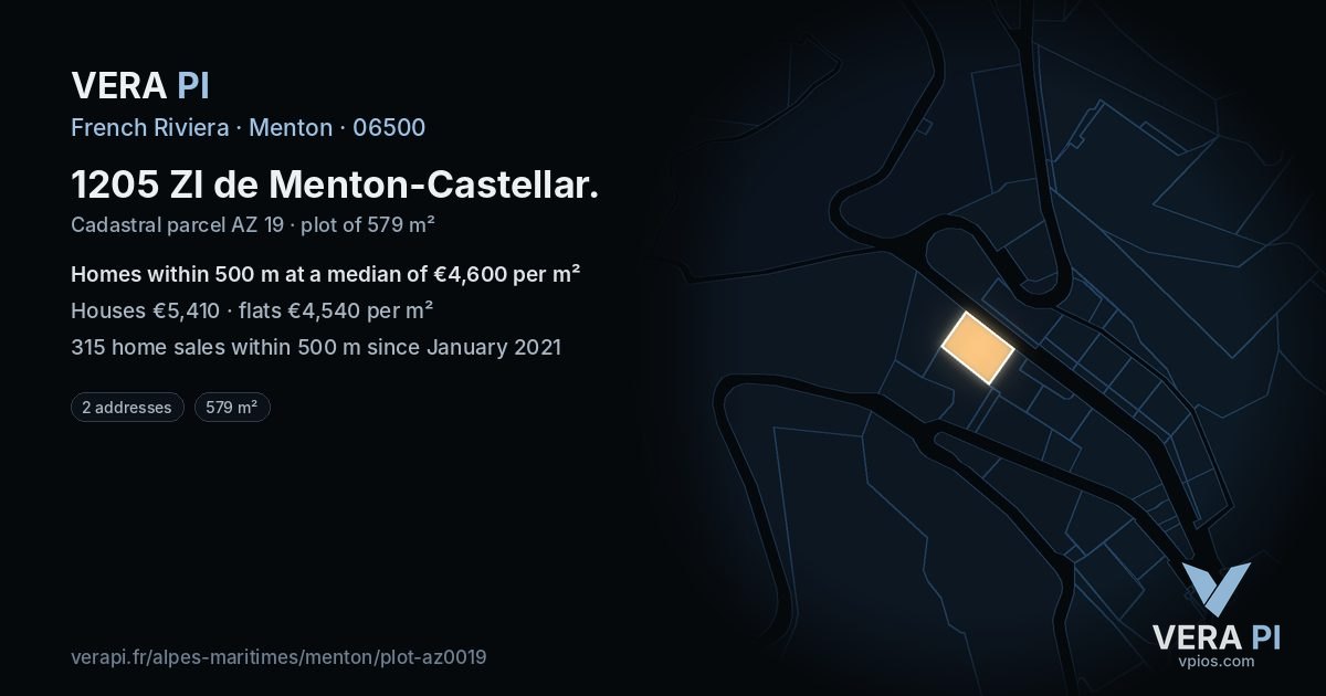 1205 ZI de Menton-Castellar, Menton at night – the plot lit, the parcels around coloured by the prices near them