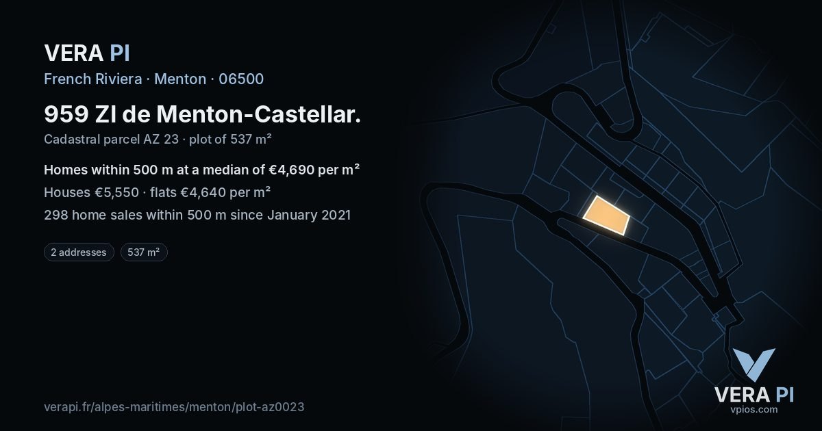 959 ZI de Menton-Castellar, Menton at night – the plot lit, the parcels around coloured by the prices near them