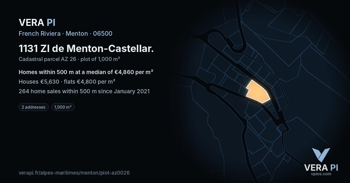1131 ZI de Menton-Castellar, Menton at night – the plot lit, the parcels around coloured by the prices near them