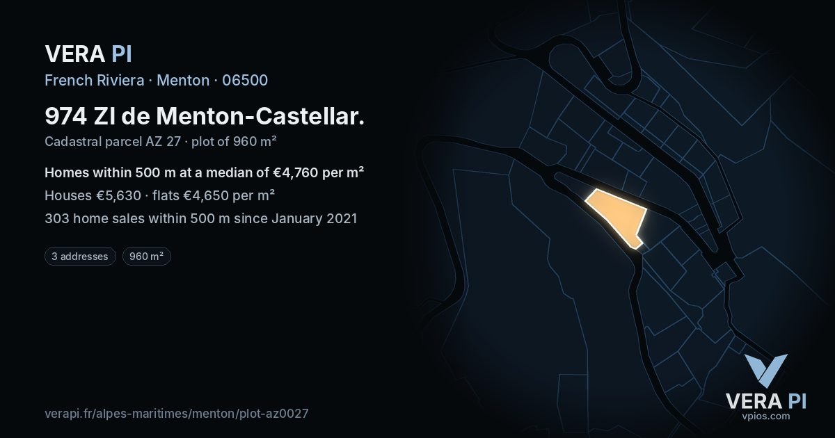 974 ZI de Menton-Castellar, Menton at night – the plot lit, the parcels around coloured by the prices near them