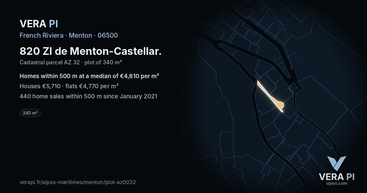 820 ZI de Menton-Castellar, Menton at night – the plot lit, the parcels around coloured by the prices near them