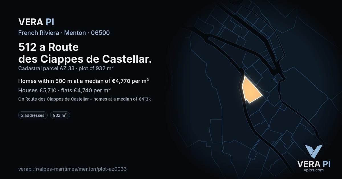 512 a Route des Ciappes de Castellar, Menton at night – the plot lit, the parcels around coloured by the prices near them