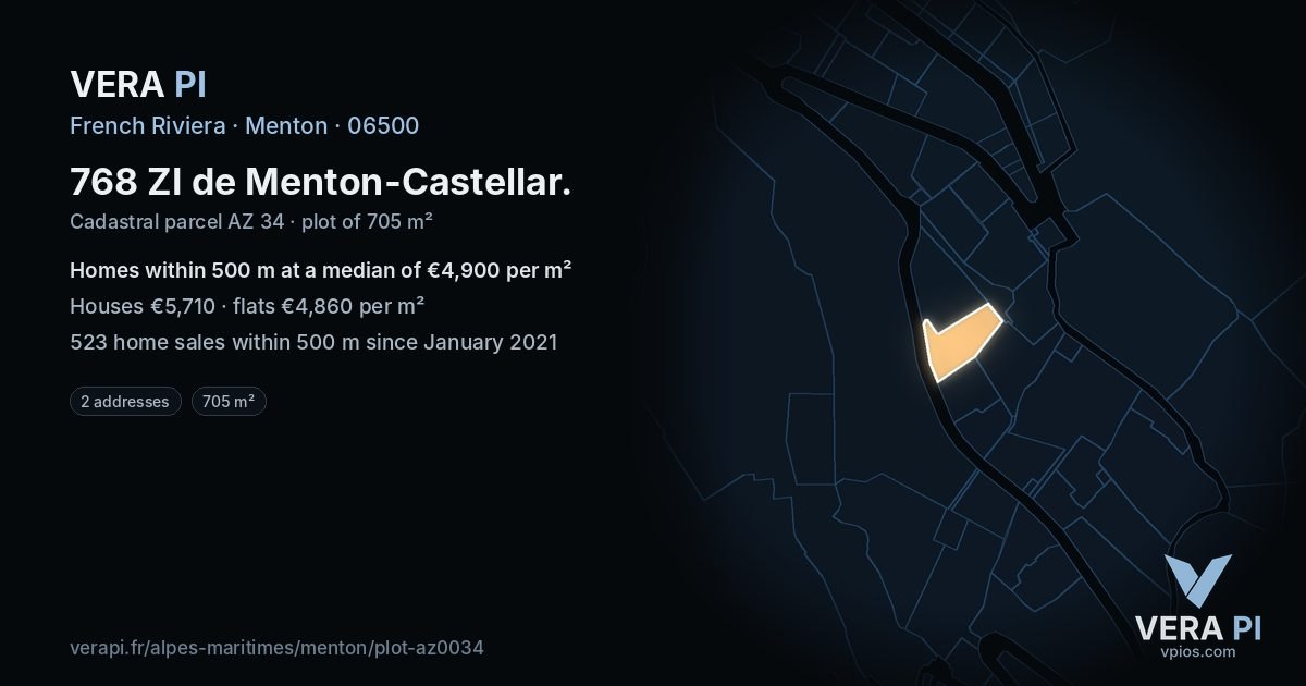768 ZI de Menton-Castellar, Menton at night – the plot lit, the parcels around coloured by the prices near them