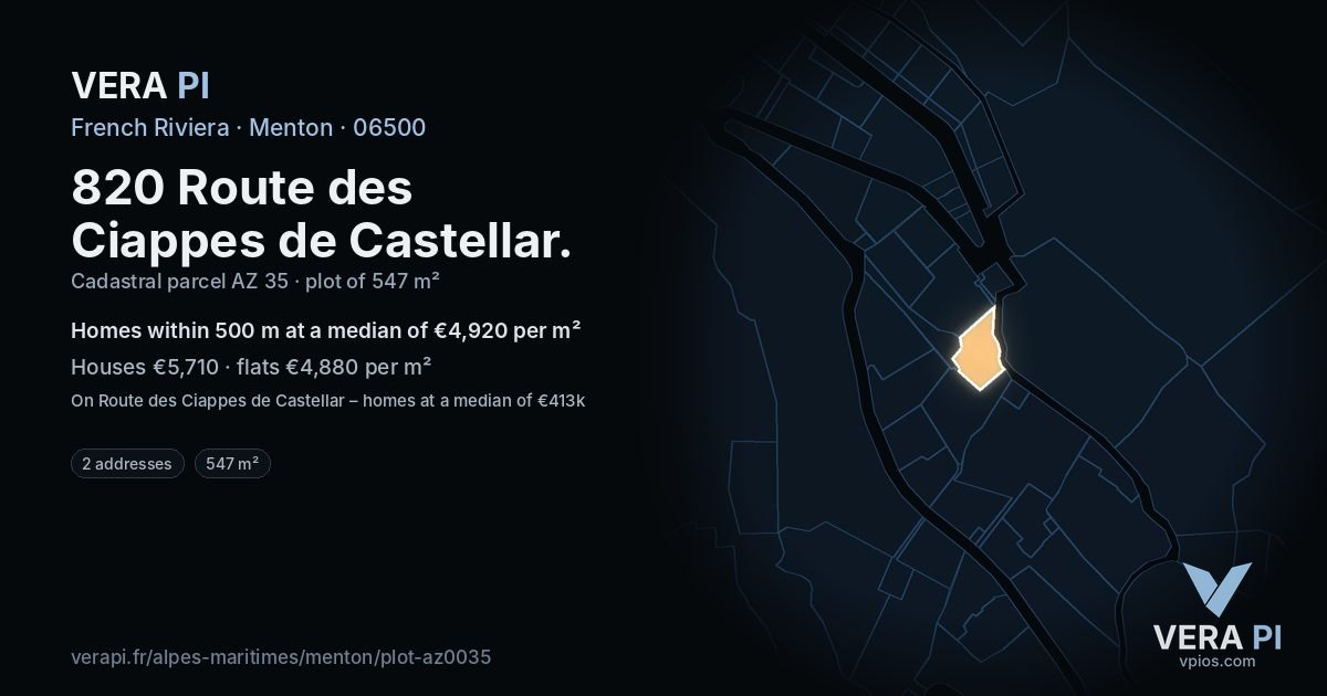 820 Route des Ciappes de Castellar, Menton at night – the plot lit, the parcels around coloured by the prices near them