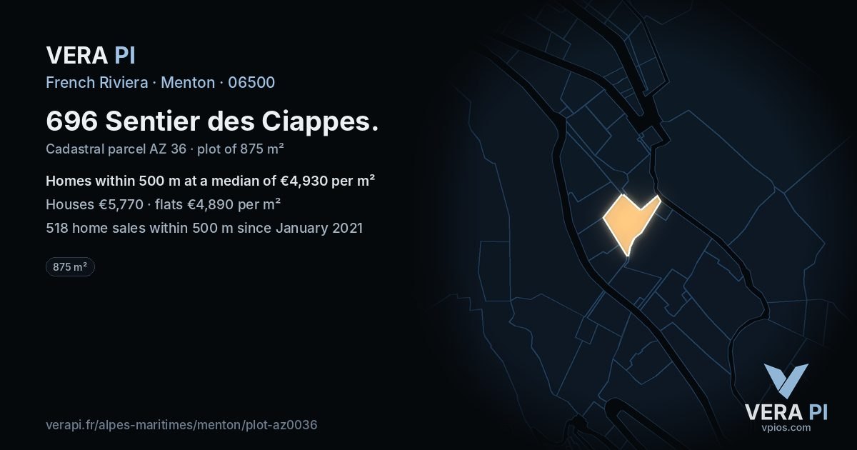 696 Sentier des Ciappes, Menton at night – the plot lit, the parcels around coloured by the prices near them