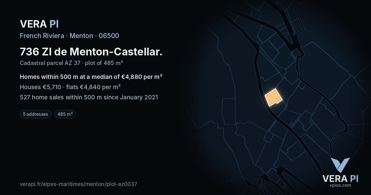 736 ZI de Menton-Castellar, Menton at night – the plot lit, the parcels around coloured by the prices near them